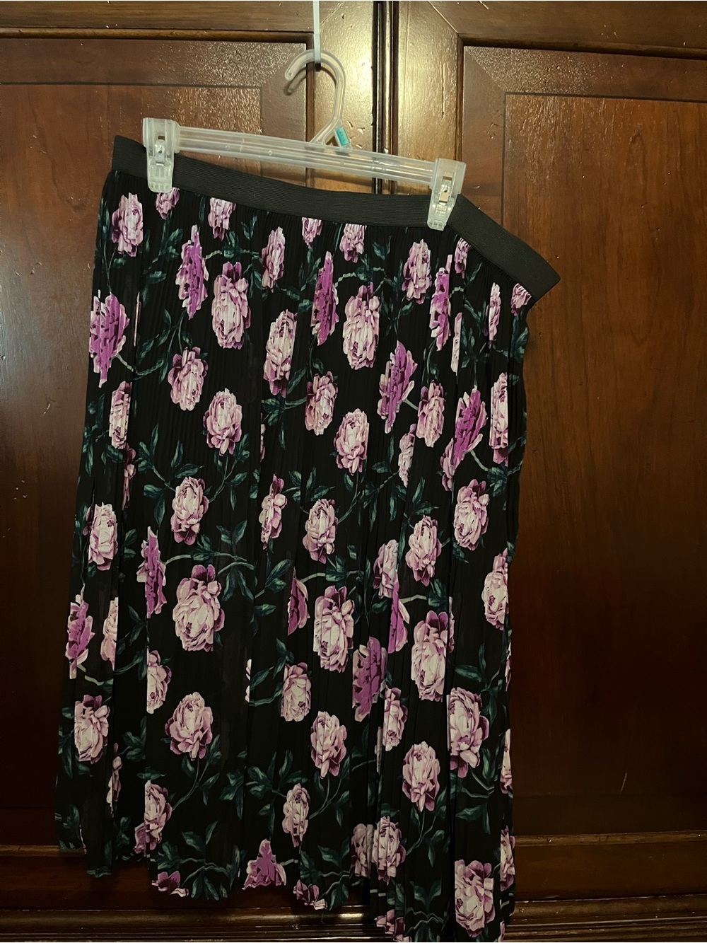 Jaclyn Smith Black Pleated Midi Skirt with Lavender Floral Print